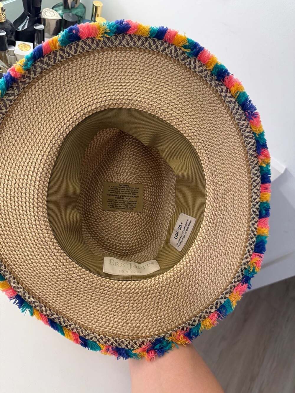 Eric Javits Straw Fedora Hat with Multicolor Pom Pom Trim - Picture 3 of 6